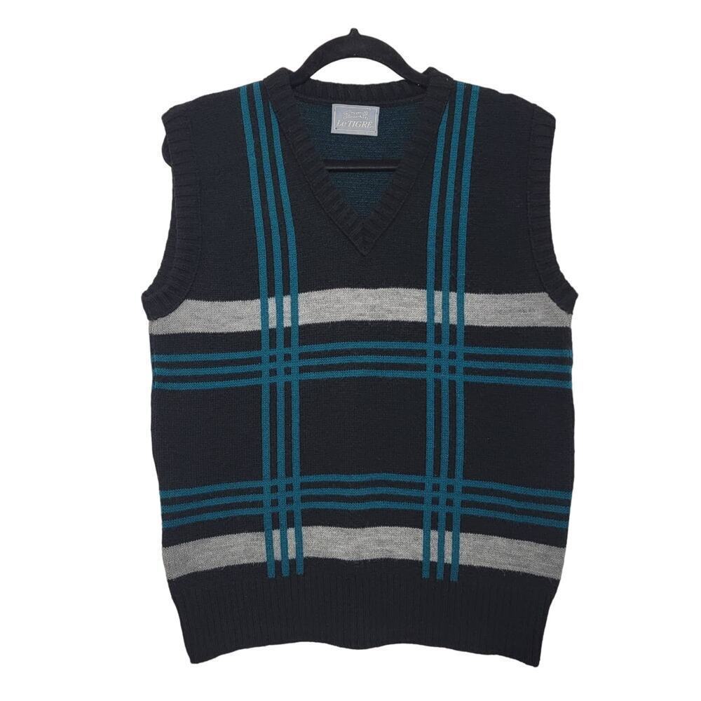 Le Tigre 80s V Neck Sweater Vest Turquoise Plaid M/L Grandpacore 561